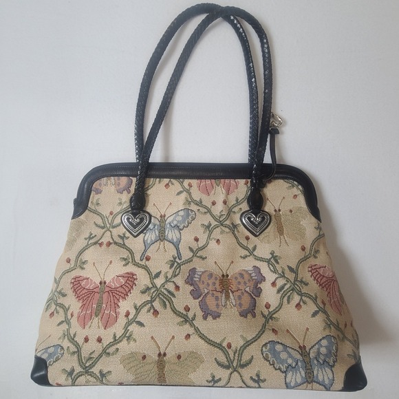 Brighton Handbags - Brighton Butterfly Tapestry Satchel Bag Leather Trim Heart Charms Rare Large